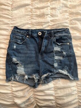Savy Blue Distressed High-Waist Denim Stretchy Shorts - Dark Blue